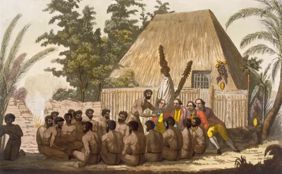 Ein Opfer vor Kapitän Cook, der als Inkarnation des Gottes Lomo anerkannt wird, Januar 1779, graviert von Angelo Biasioli